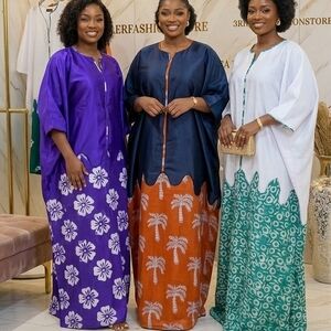 Set of Three Printed Kaftans - Purple, Navy/Orange, White/Green